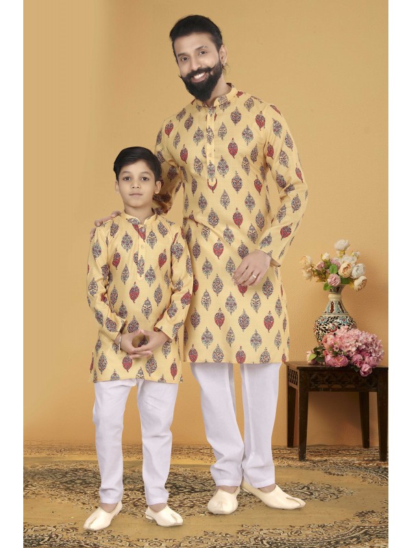 Cotton Printed Father & Son Combo Kurta Set In Light Yellow 
