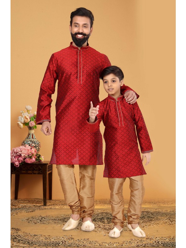 Heritage Silk Father & Son Combo Kurta Set In Red 