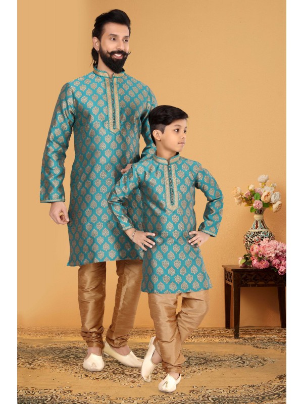 Jacquard Silk Father & Son Combo Kurta Set In Turquoise 