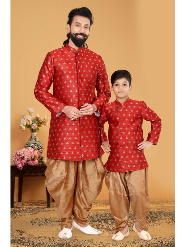 Jacquard Silk Father & Son Combo Kurta Set In Red & Golden 