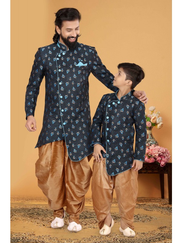 Jacquard Silk Father & Son Combo Kurta Set In Black & Golden 