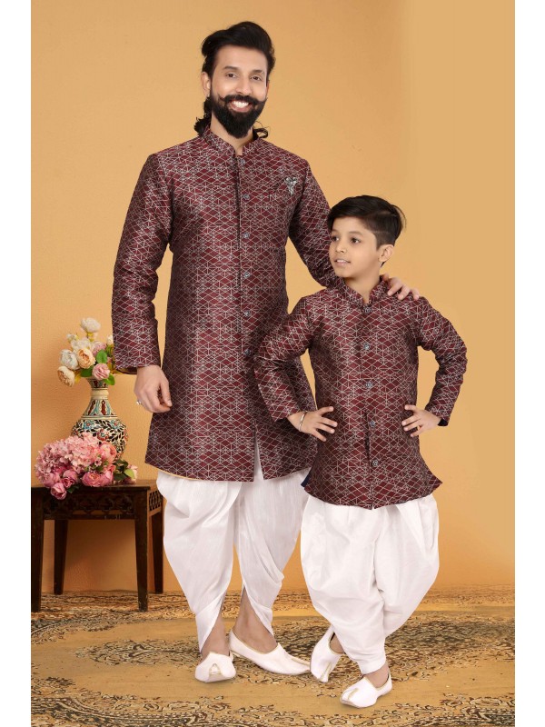 Jacquard Silk Father & Son Combo Kurta Set In Maroon & White 