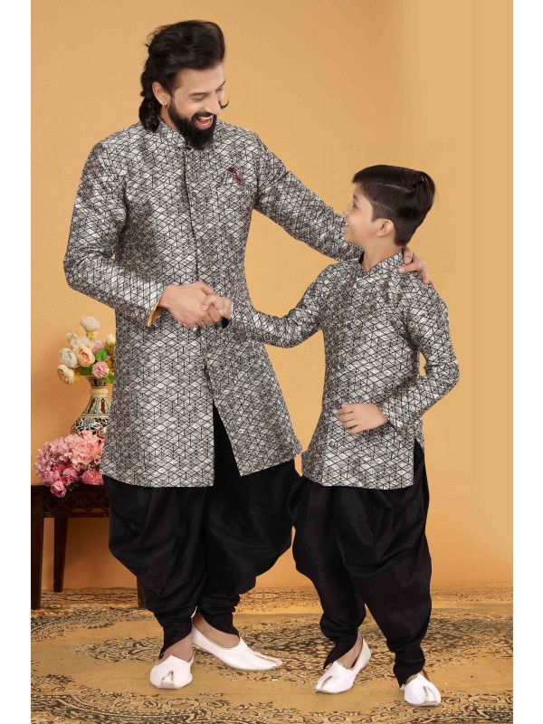 Jacquard Silk Father & Son Combo Kurta Set In Silver & Bank 