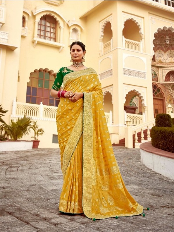 Pure Dola Silk Party wear Saree In Yellow Color with Embroidery Work