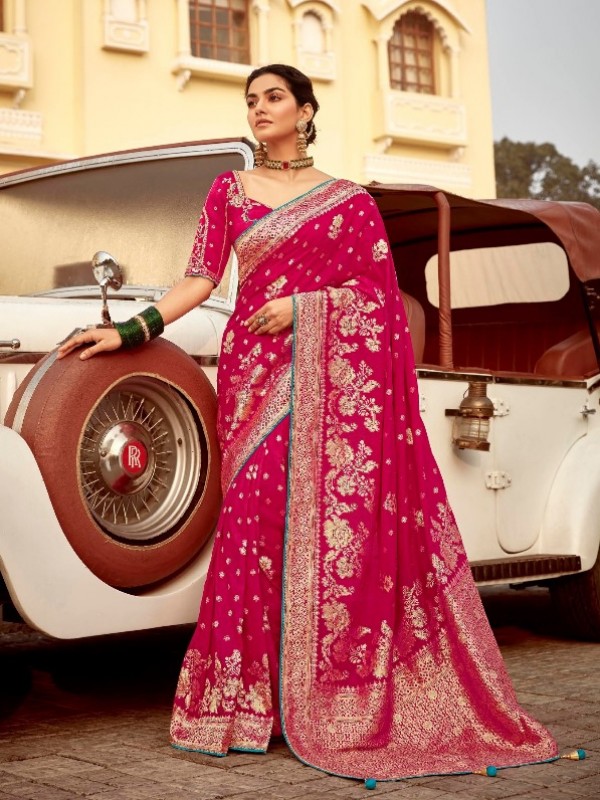 Pure Dola Silk Party wear Saree In Rani Pink Color with Embroidery Work