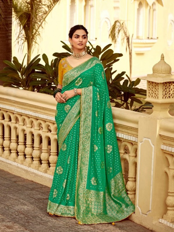Pure Dola Silk Party wear Saree In Green Color with Embroidery Work