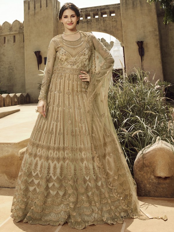 Soft Premium Net Wedding wear Readymade  Gown in Beige with Embroidery & Stone work