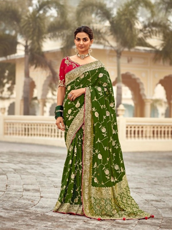 Pure Dola Silk Party wear Saree In Green Color with Embroidery Work