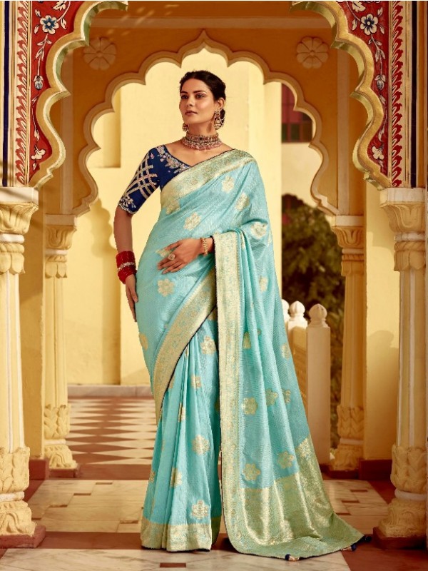 Pure Dola Silk Party wear Saree In Sea Blue Color with Embroidery Work