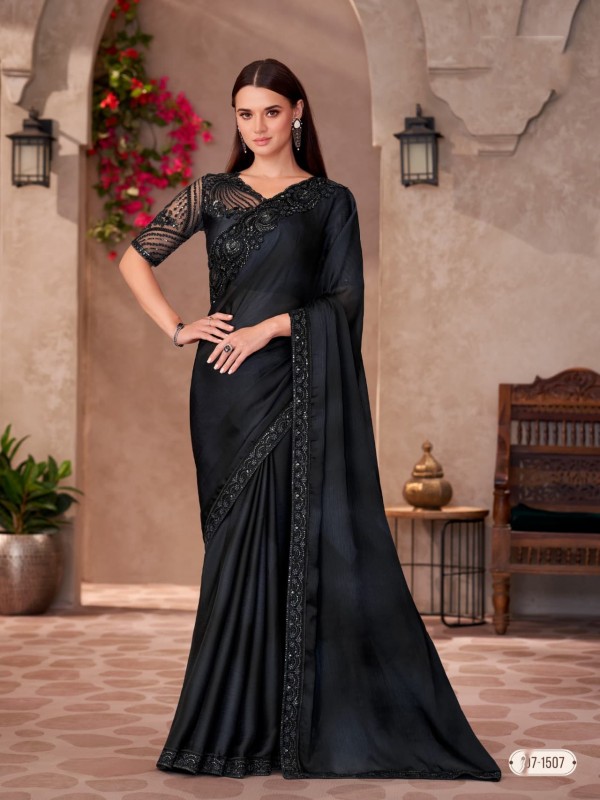 Chiffon silk Party wear Saree Black Color With Embroidery Work