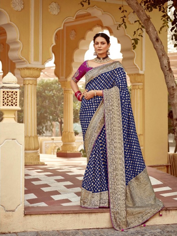 Pure Dola Silk Party wear Saree In Blue Color with Embroidery Work