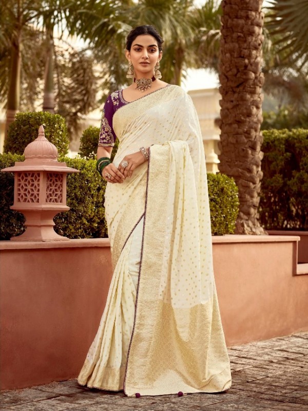 Pure Dola Silk Party wear Saree In Cream Color with Embroidery Work