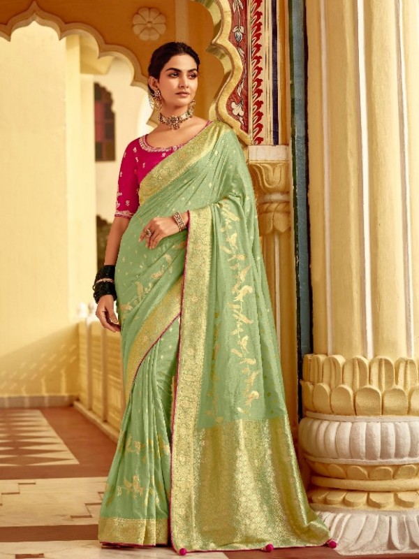 Pure Dola Silk Party wear Saree In Light Green Green Color with Embroidery Work