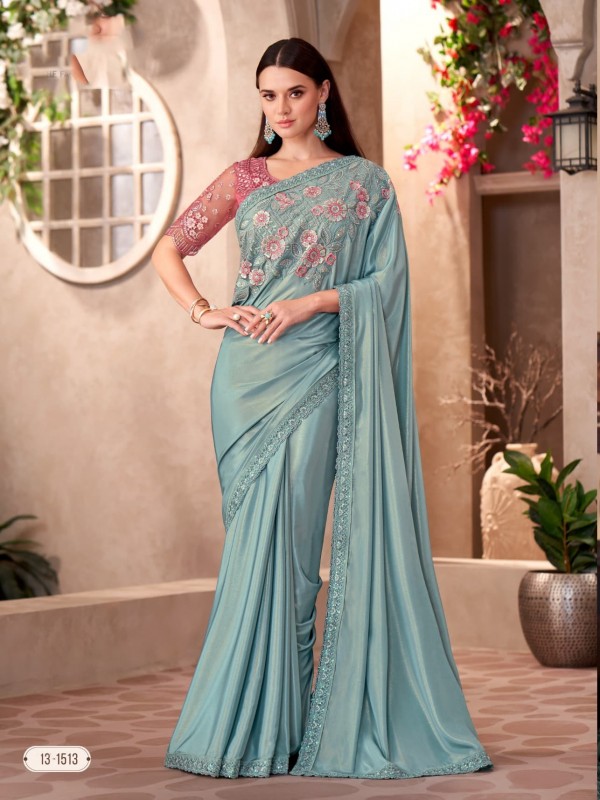 Simmer silk Party wear Saree Turquoise Blue Color With Embroidery Work