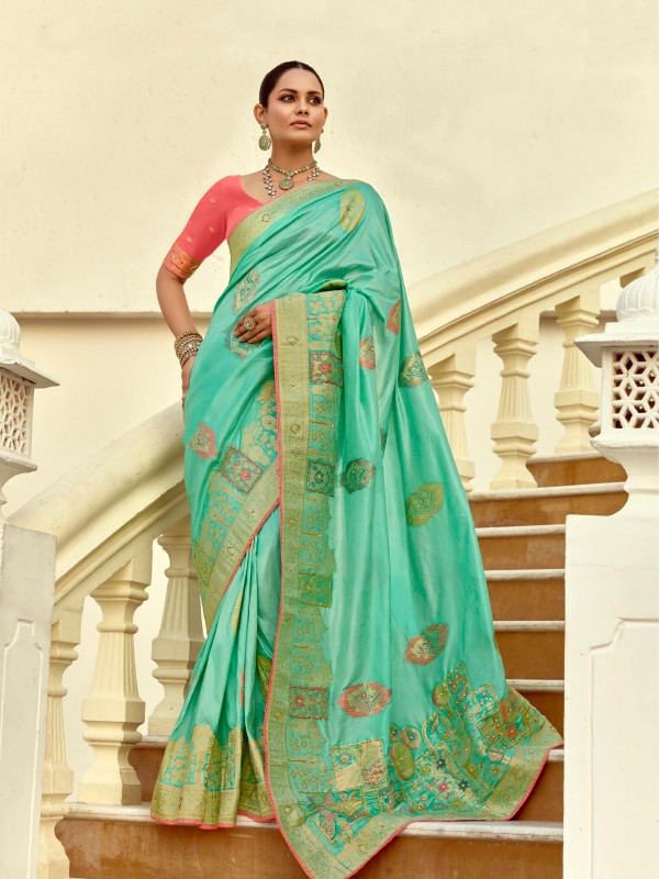Fancy Silk Party wear Saree In Turquoise Color with Hand Work