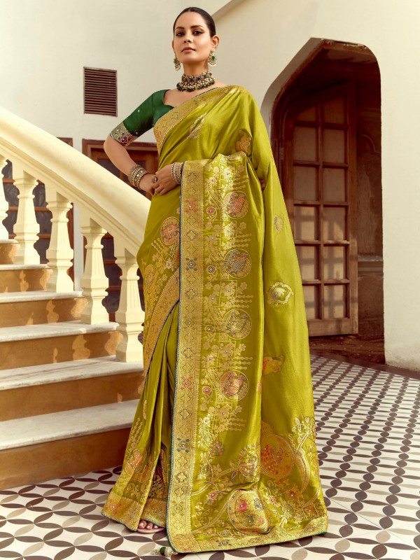 Fancy Silk Party wear Saree In Lemon Green Color with Hand Work
