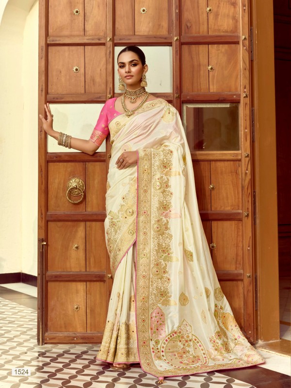 Fancy Silk Party wear Saree In Off White Color with Hand Work