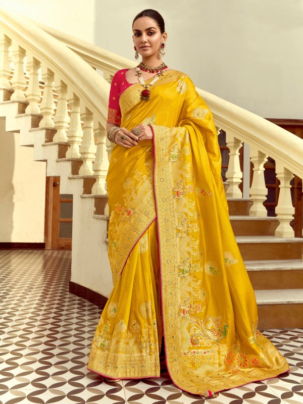 Fancy Silk Party wear Saree In Yellow Color with Hand Work