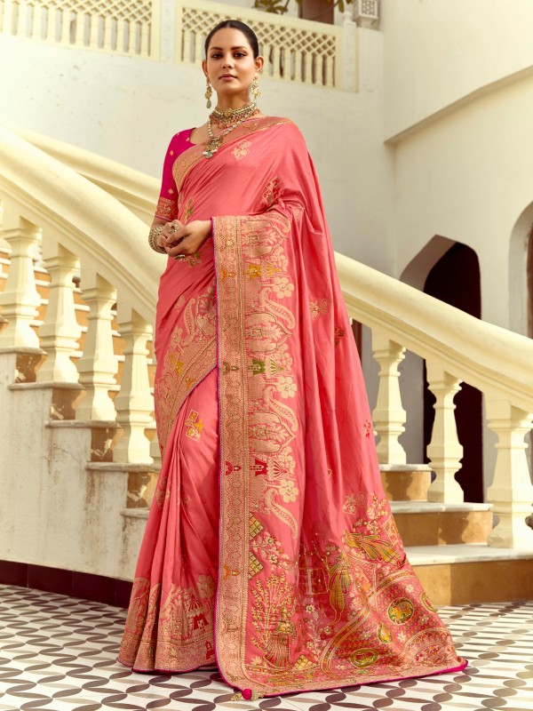 Fancy Silk Party wear Saree In Pink Color with Hand Work