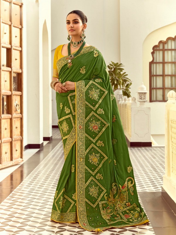 Fancy Silk Party wear Saree In Green Color with Hand Work