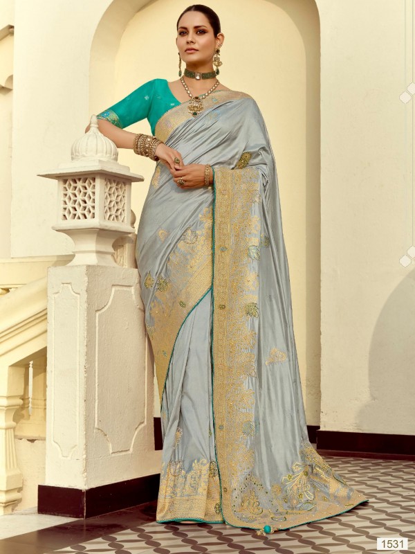Fancy Silk Party wear Saree In Grey Color with Hand Work