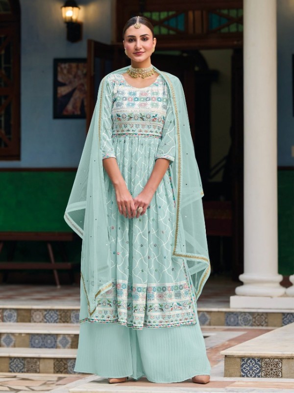 Real  Georgette Party Wear Plazzo Blue Color with  Embroidery Work