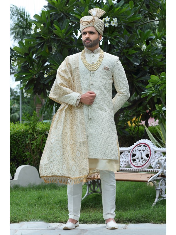 Soft Silk fabric with Embroidery Work  Wedding Wear Sherwani set in White