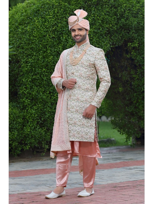 Soft Silk fabric with Embroidery Work  Wedding Wear Sherwani set in White & Peach