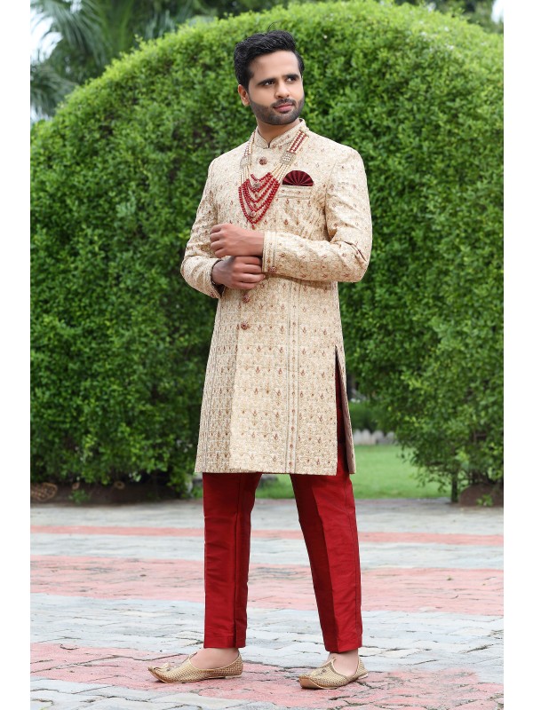 Soft Silk fabric with Embroidery Work  Wedding Wear Sherwani set in Beige & Red