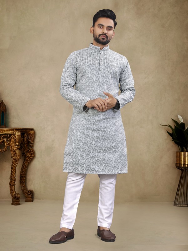 Thai Silk Readymade Kurta set in Grey with Lucknowi Work