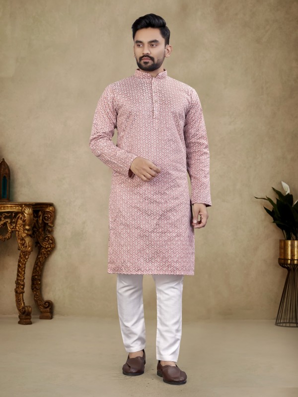 Thai Silk Readymade Kurta set in Light Pink with Lucknowi Work