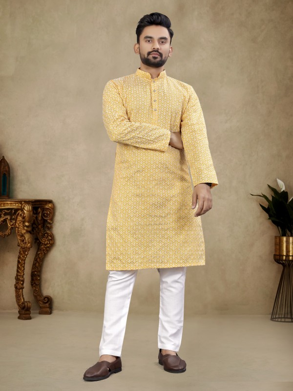 Thai Silk Readymade Kurta set in Yellow with Lucknowi Work