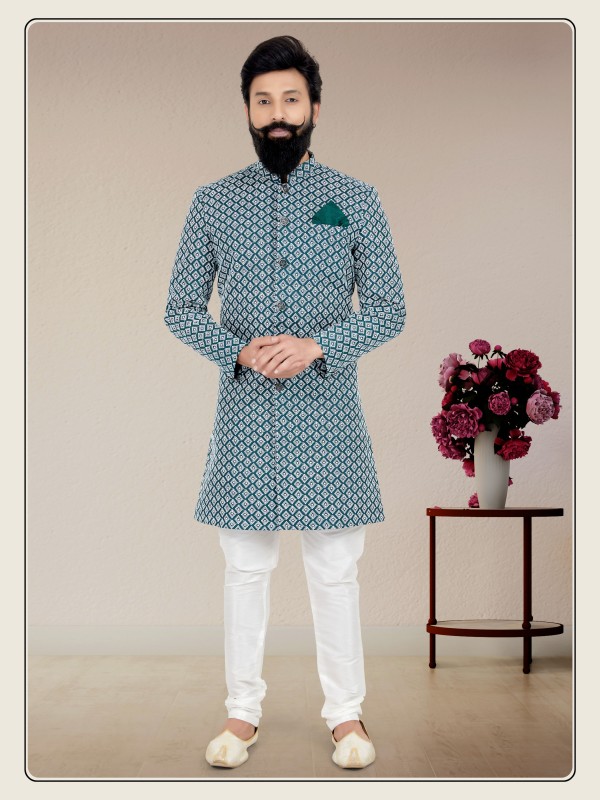 Pure Silk Fabric IndoWestern Ready Made Suit in Rama Green Color With Embroidery Work 