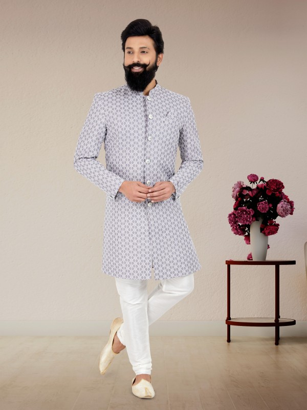 Pure Silk Fabric IndoWestern Ready Made Suit in Grey Color With Embroidery Work 