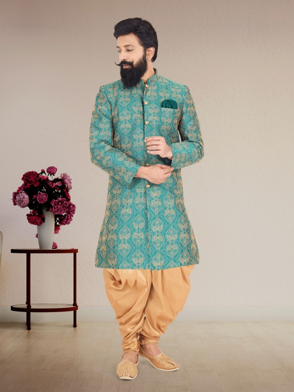 Dhupion Silk Fabric IndoWestern Ready Made Suit in Rama Green Color With Embroidery Work 