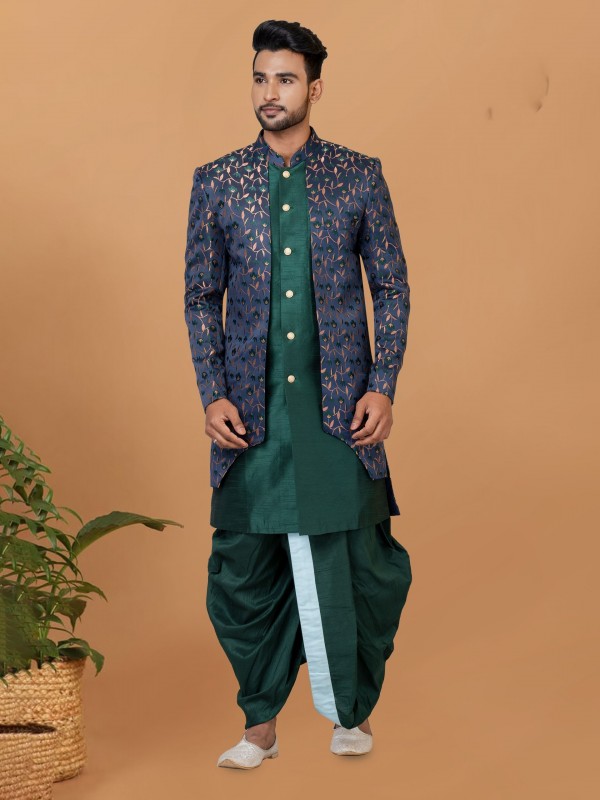 Jacquard Silk & Banarasi Dhupion Fabric IndoWestern Ready Made Dress in Blue & Green Color