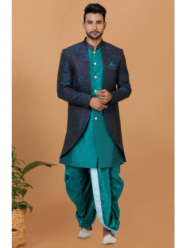 Jacquard Silk & Banarasi Dhupion Fabric IndoWestern Ready Made Dress in Blue & Rama Green Color