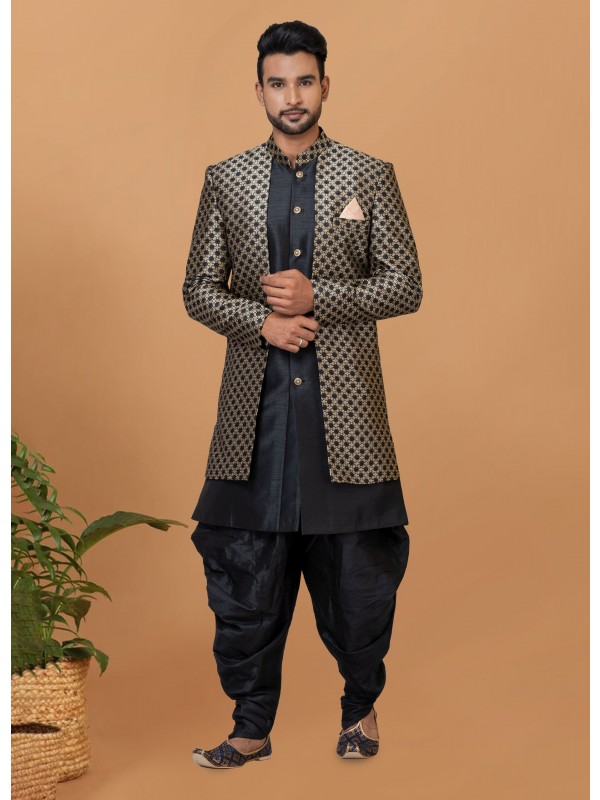 Jacquard Silk & Banarasi Dhupion Fabric IndoWestern Ready Made Dress in Black Color