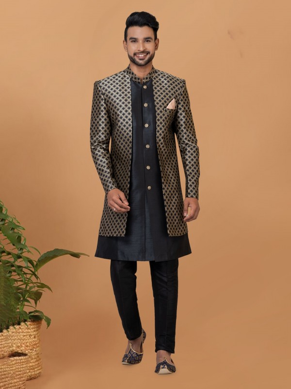 Jacquard Silk & Banarasi Dhupion Fabric IndoWestern Ready Made Dress in Black Color