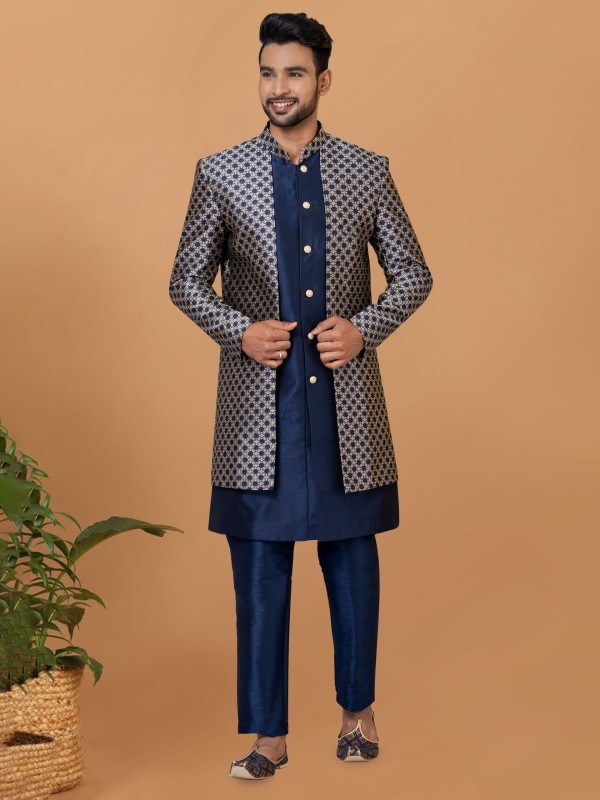Jacquard Silk & Banarasi Dhupion Fabric IndoWestern Ready Made Dress in Navy Blue Color