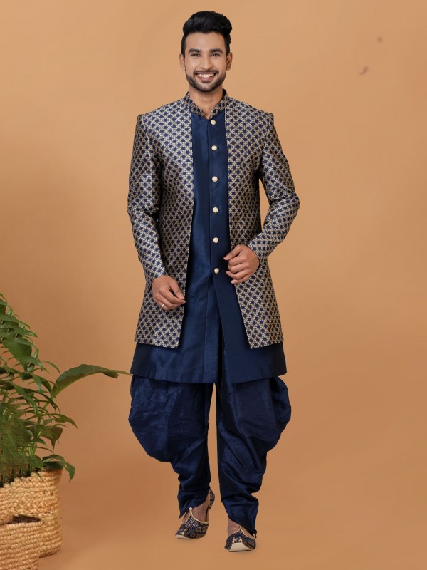 Jacquard Silk & Banarasi Dhupion Fabric IndoWestern Ready Made Dress in Navy Blue Color