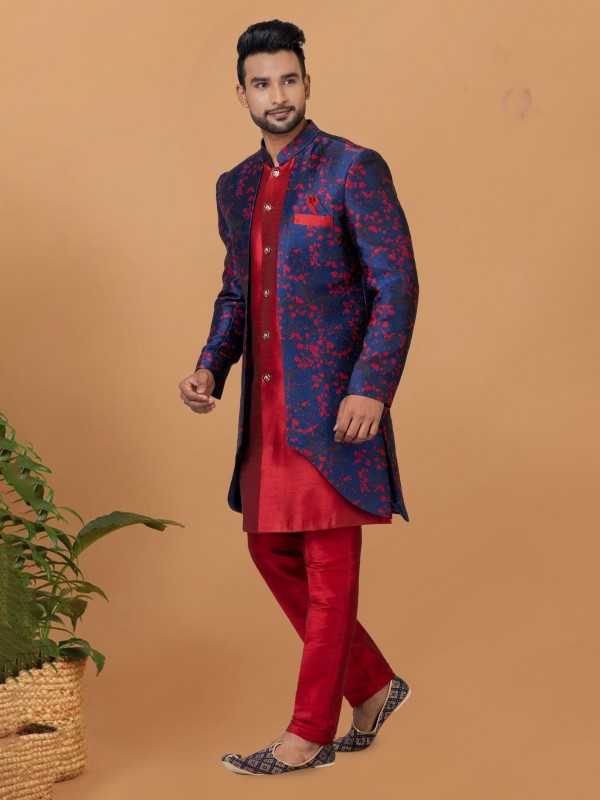 Jacquard Silk & Banarasi Dhupion Fabric IndoWestern Ready Made Dress in Red & Blue Color