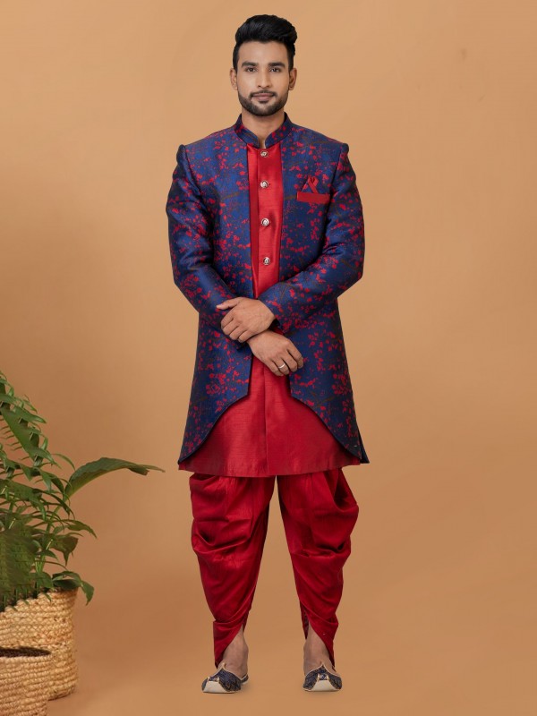 Jacquard Silk & Banarasi Dhupion Fabric IndoWestern Ready Made Dress in Red & Blue Color