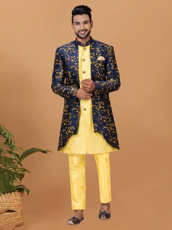 Jacquard Silk & Banarasi Dhupion Fabric IndoWestern Ready Made Dress in Yellow & Blue Color