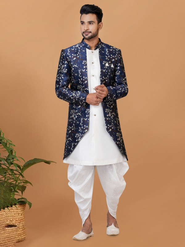 Jacquard Silk & Banarasi Dhupion Fabric IndoWestern Ready Made Dress in White & Blue Color