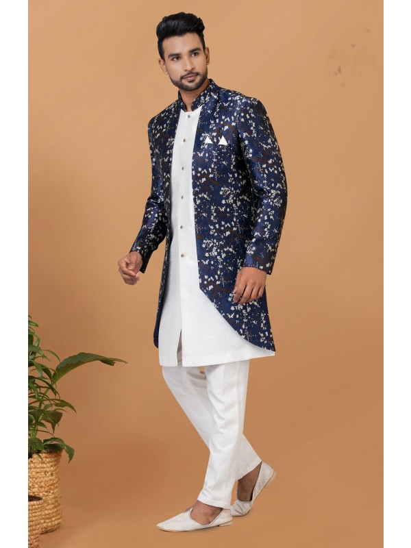 Jacquard Silk & Banarasi Dhupion Fabric IndoWestern Ready Made Dress in White & Blue Color