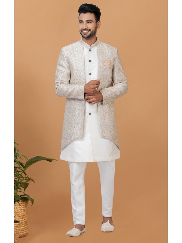 Jacquard Silk & Banarasi Dhupion Fabric IndoWestern Ready Made Dress in White & Cream Color