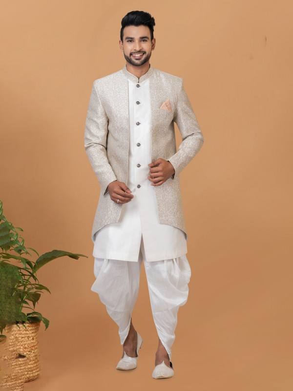 Jacquard Silk & Banarasi Dhupion Fabric IndoWestern Ready Made Dress in White & Cream Color