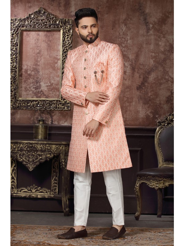 Jacquard Silk IndoWestern Ready Made Dress in Peach Color 