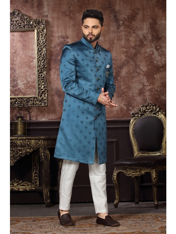 Jacquard Silk IndoWestern Ready Made Dress in Teal Blue Color 